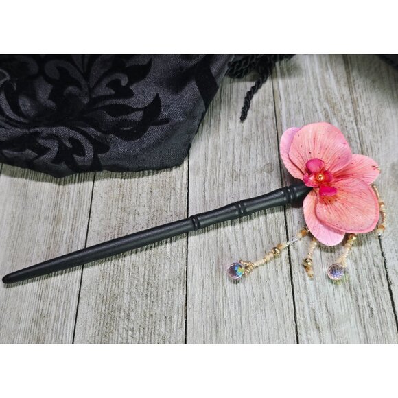 Unique Handmade Glass Beaded & Polymer Clay Asian Inspired Pink Orchid Hair Stic - Picture 2 of 7